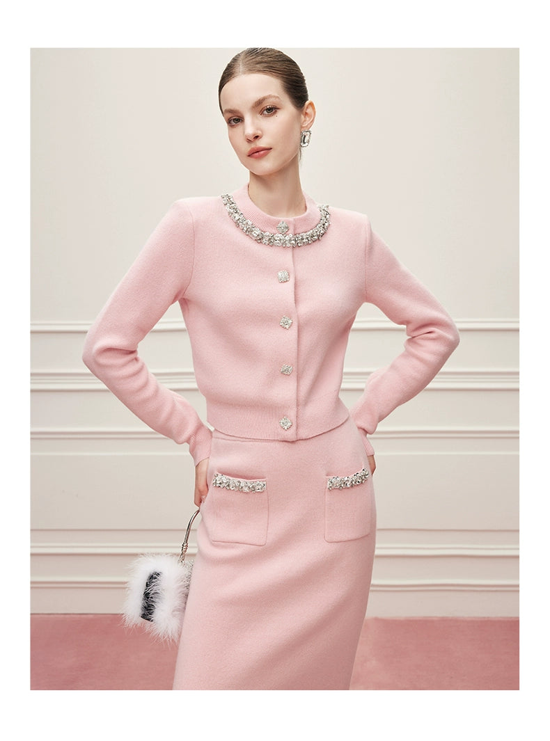 Noire Nieten Perlen Diamant Rosa Wolle Strickpullover