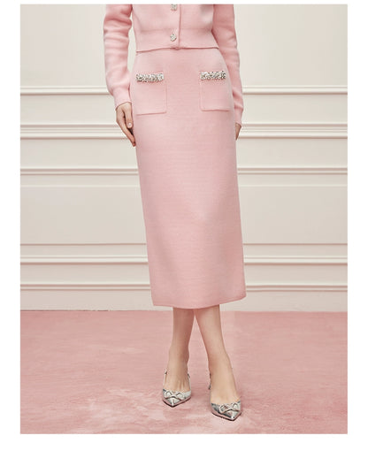 Noire Nieten Perlen Diamant Rosa Wolle Strickpullover