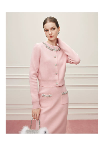 Noire Nieten Perlen Diamant Rosa Wolle Strickpullover