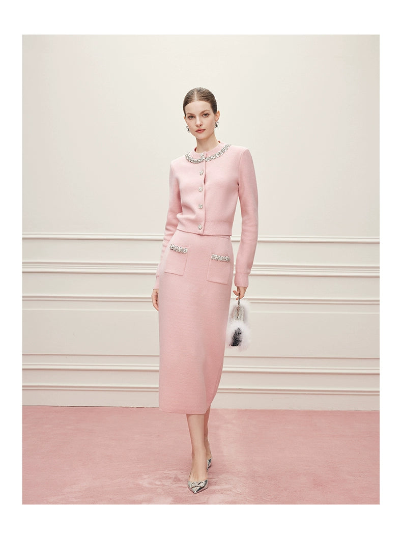 Noire Nieten Perlen Diamant Rosa Wolle Strickpullover