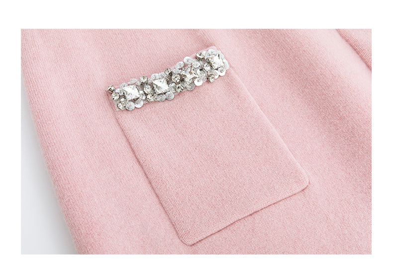 Noire Nieten Perlen Diamant Rosa Wolle Strickpullover