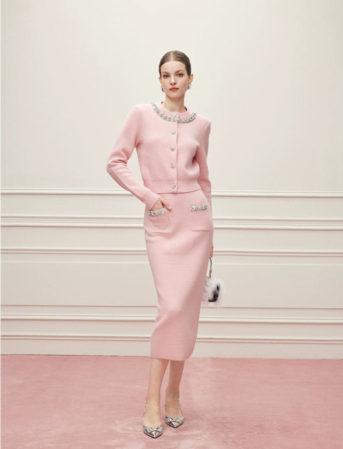 Noire Nieten Perlen Diamant Rosa Wolle Strickpullover