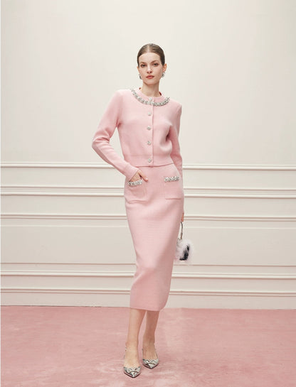 Noire Nieten Perlen Diamant Rosa Wolle Strickpullover