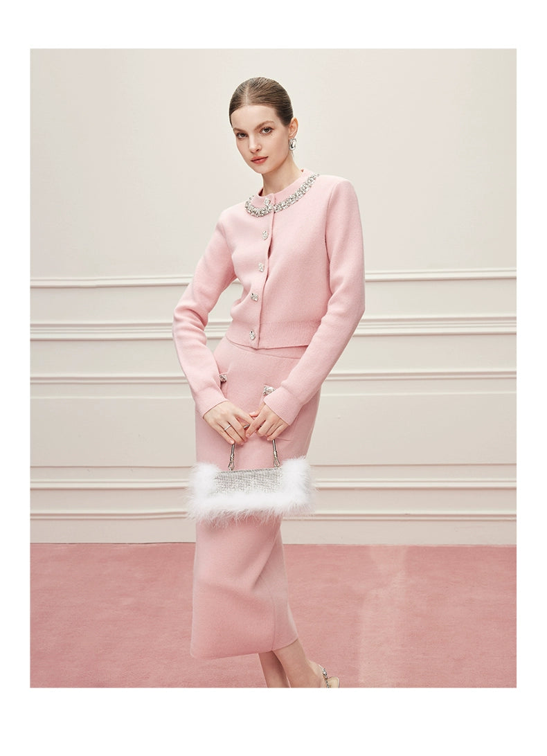 Noire Nieten Perlen Diamant Rosa Wolle Strickpullover