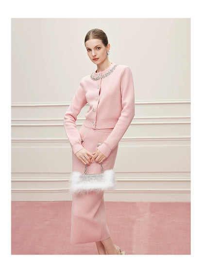 Noire Nieten Perlen Diamant Rosa Wolle Strickpullover