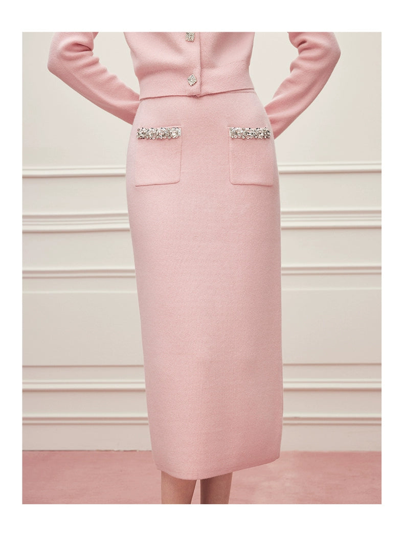 Noire Nieten Perlen Diamant Rosa Wolle Strickpullover