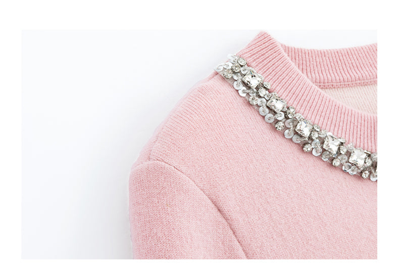 Noire Nieten Perlen Diamant Rosa Wolle Strickpullover