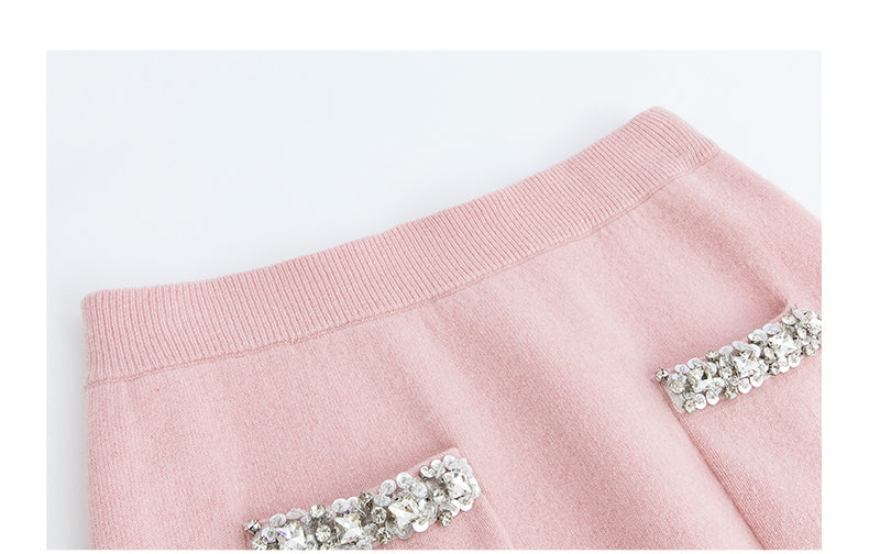 Noire Nieten Perlen Diamant Rosa Wolle Strickpullover