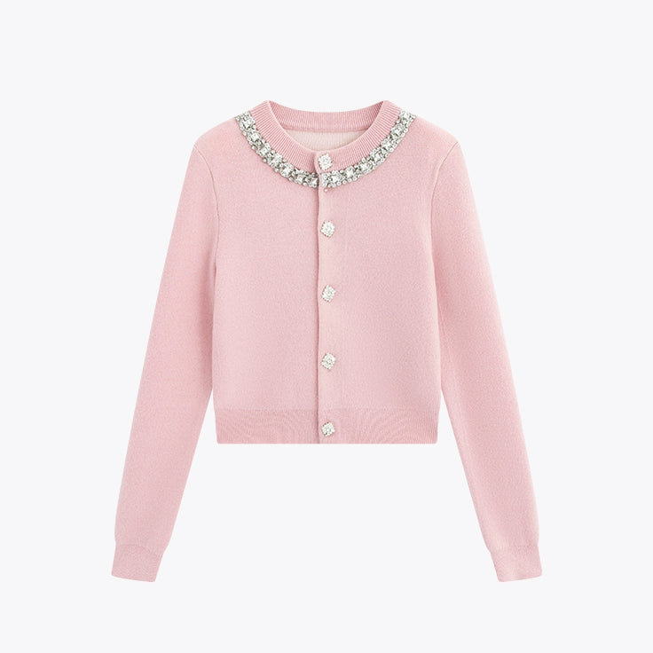 Noire Nieten Perlen Diamant Rosa Wolle Strickpullover