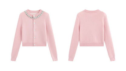 Noire Nieten Perlen Diamant Rosa Wolle Strickpullover