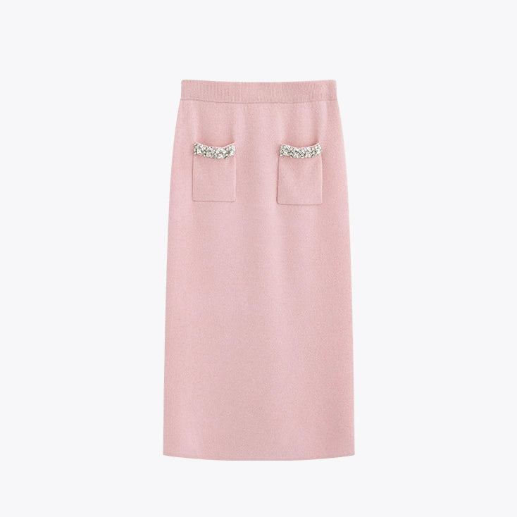 Noire Nieten Perlen Diamant Rosa Wolle Strickpullover