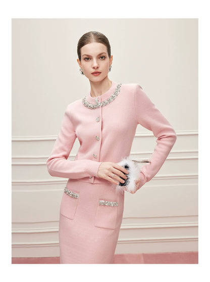 Noire Nieten Perlen Diamant Rosa Wolle Strickpullover